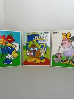 Vintage Playskool Wooden Inlay Puzzles Lot 3 Smurfette,Potato Head,Minnie Disney